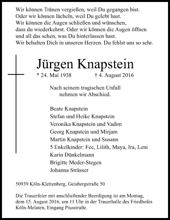 Anzeige von Jürgen Knapstein von Kölner Stadt-Anzeiger / Kölnische Rundschau / Express