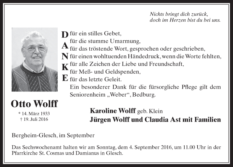  Traueranzeige für Otto Wolff vom 31.08.2016 aus  Werbepost 