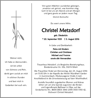 Anzeige von Christel Metzdorf von  Anzeigen Echo 