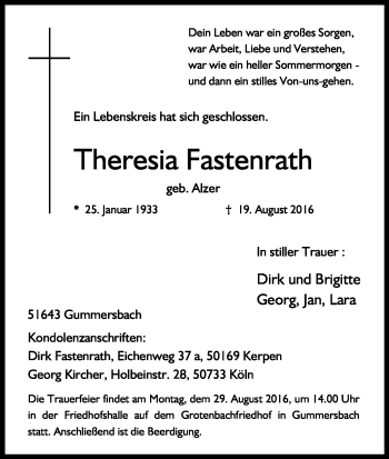 Anzeige von Theresia Fastenrath von Kölner Stadt-Anzeiger / Kölnische Rundschau / Express