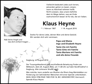Anzeige von Klaus Heyne von Kölner Stadt-Anzeiger / Kölnische Rundschau / Express