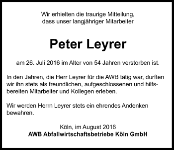 Anzeige von Peter Leyrer von Kölner Stadt-Anzeiger / Kölnische Rundschau / Express