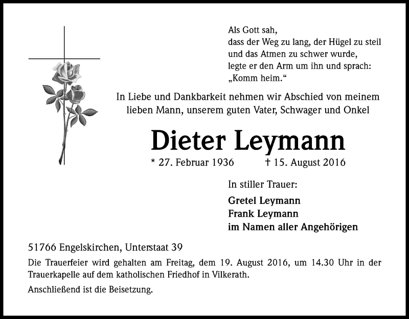  Traueranzeige für Dieter Leymann vom 17.08.2016 aus Kölner Stadt-Anzeiger / Kölnische Rundschau / Express