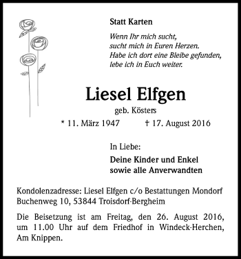 Anzeige von Liesel Elfgen von Kölner Stadt-Anzeiger / Kölnische Rundschau / Express