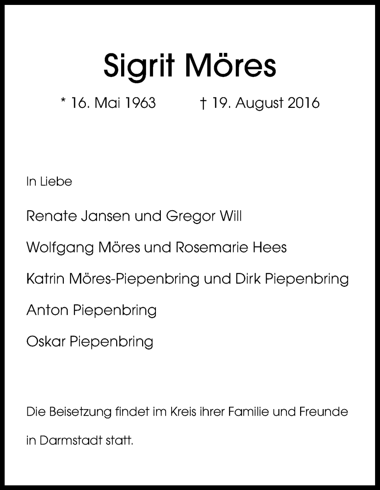  Traueranzeige für Sigrit Möres vom 27.08.2016 aus Kölner Stadt-Anzeiger / Kölnische Rundschau / Express