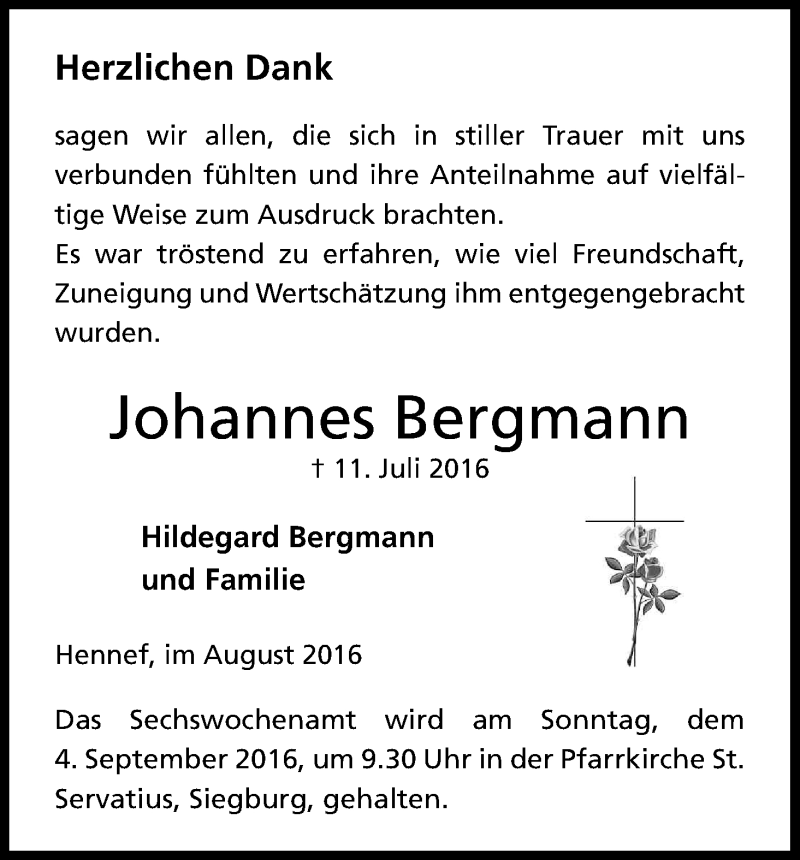  Traueranzeige für Johannes Bergmann vom 26.08.2016 aus Kölner Stadt-Anzeiger / Kölnische Rundschau / Express