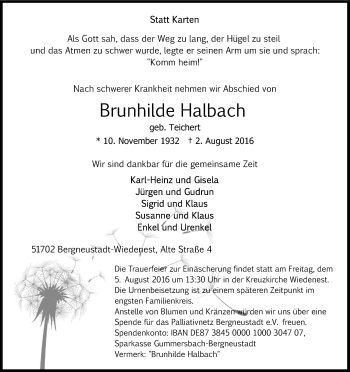 Anzeige von Brunhilde Halbach von Kölner Stadt-Anzeiger / Kölnische Rundschau / Express