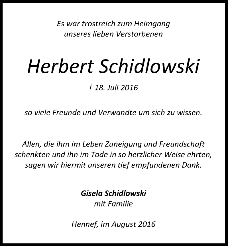  Traueranzeige für Herbert Schidlowski vom 27.08.2016 aus Kölner Stadt-Anzeiger / Kölnische Rundschau / Express