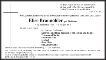 Anzeige von Elise Braunöhler von  Lokalanzeiger 