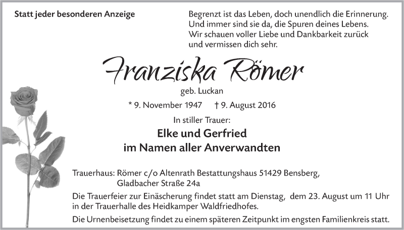  Traueranzeige für Franziska Römer vom 17.08.2016 aus  Bergisches Handelsblatt 