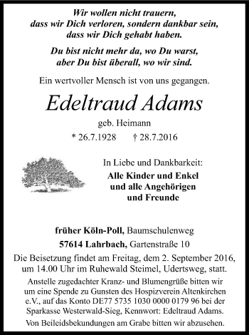 Anzeige von Edeltraud Adams von Kölner Stadt-Anzeiger / Kölnische Rundschau / Express