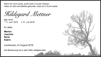 Anzeige von Hildegard Mettner von Kölner Stadt-Anzeiger / Kölnische Rundschau / Express