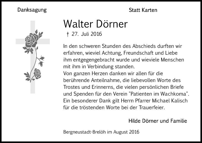  Traueranzeige für Walter Dörner vom 31.08.2016 aus Kölner Stadt-Anzeiger / Kölnische Rundschau / Express