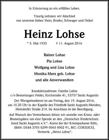 Anzeige von Heinz Lohse von Kölner Stadt-Anzeiger / Kölnische Rundschau / Express