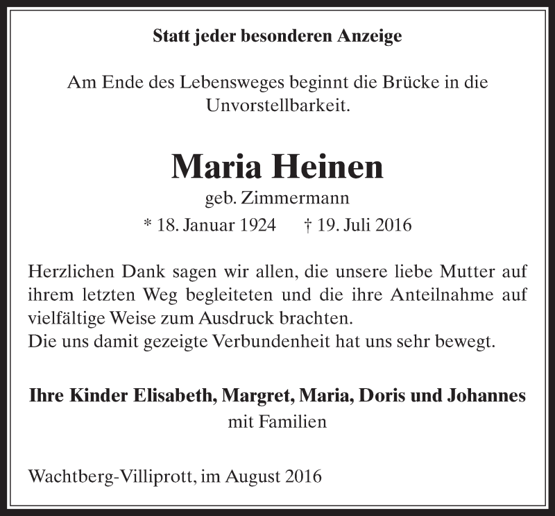  Traueranzeige für Maria Heinen vom 31.08.2016 aus  Schaufenster/Blickpunkt 