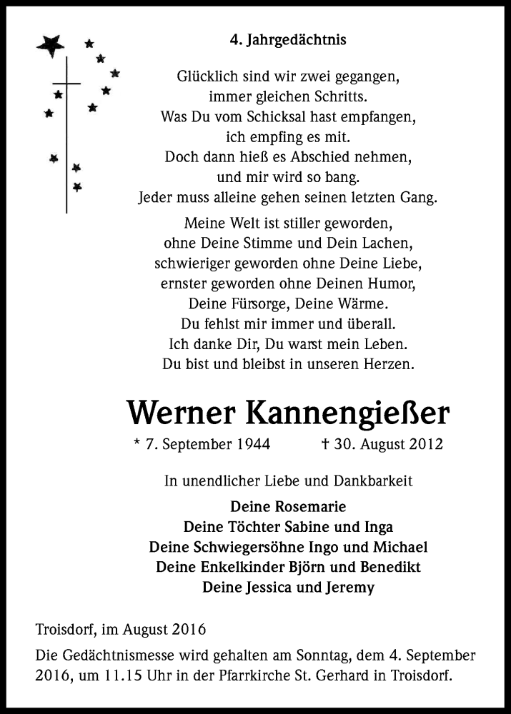 Traueranzeige für Werner Kannengießer vom 20.08.2016 aus Kölner Stadt-Anzeiger / Kölnische Rundschau / Express