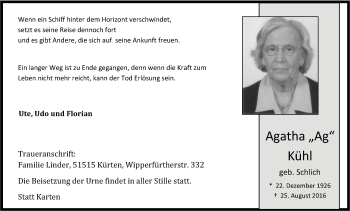 Anzeige von Agatha Kühl von Kölner Stadt-Anzeiger / Kölnische Rundschau / Express