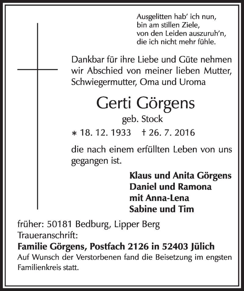  Traueranzeige für Gerti Görgens vom 06.08.2016 aus  Sonntags-Post 
