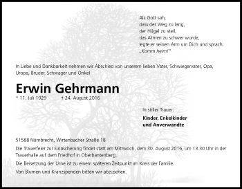 Anzeige von Erwin Gehrmann von Kölner Stadt-Anzeiger / Kölnische Rundschau / Express
