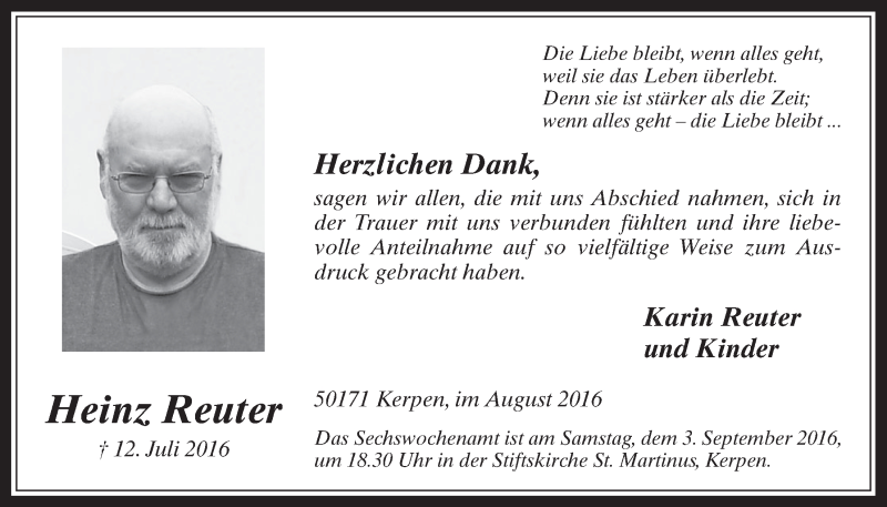  Traueranzeige für Heinz Reuter vom 10.08.2016 aus  Werbepost 