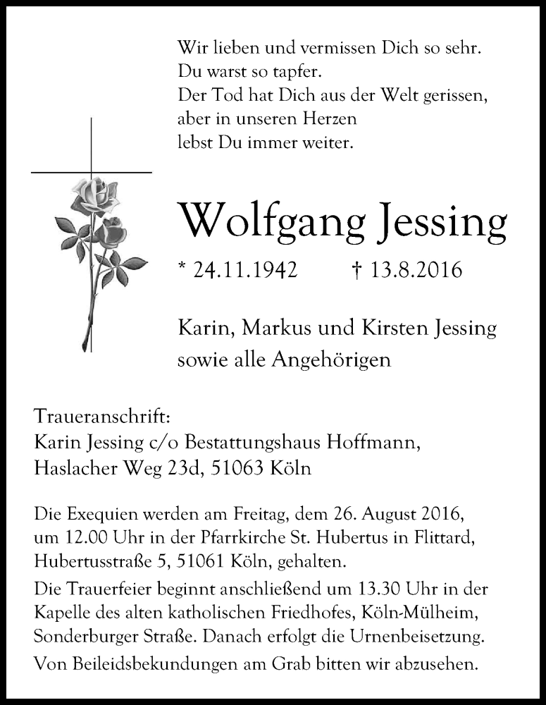 Traueranzeige für Wolfgang Jessing vom 20.08.2016 aus Kölner Stadt-Anzeiger / Kölnische Rundschau / Express