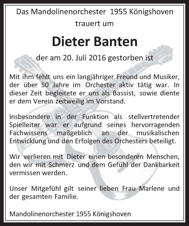  Traueranzeige für Dieter Banten vom 10.08.2016 aus  Werbepost 