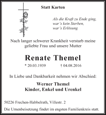 Anzeige von Renate Themel von  Wochenende 