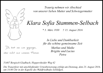 Anzeige von Klara Sofia Stammen-Selbach von Kölner Stadt-Anzeiger / Kölnische Rundschau / Express
