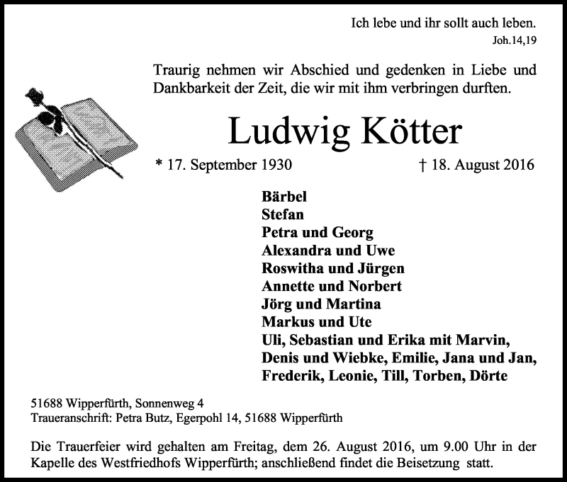  Traueranzeige für Ludwig Kötter vom 20.08.2016 aus Kölner Stadt-Anzeiger / Kölnische Rundschau / Express