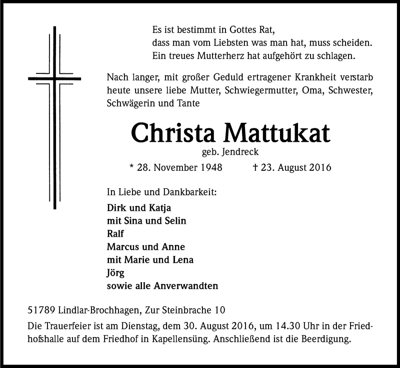 Traueranzeige für Christa Mattukat vom 26.08.2016 aus Kölner Stadt-Anzeiger / Kölnische Rundschau / Express