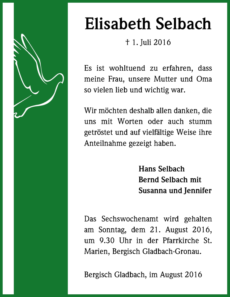 Traueranzeige für Elisabeth Selbach vom 06.08.2016 aus Kölner Stadt-Anzeiger / Kölnische Rundschau / Express