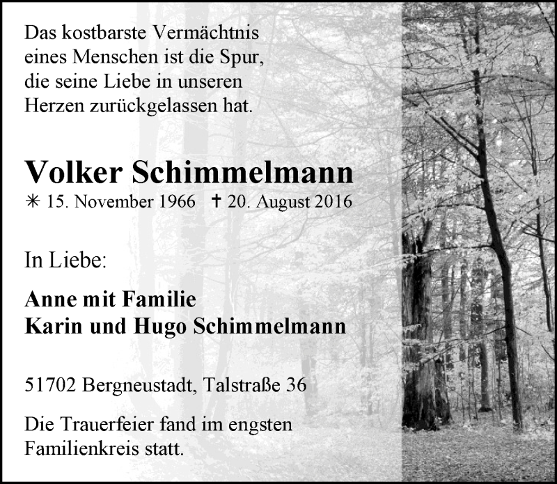  Traueranzeige für Volker Schimmelmann vom 31.08.2016 aus  Anzeigen Echo 