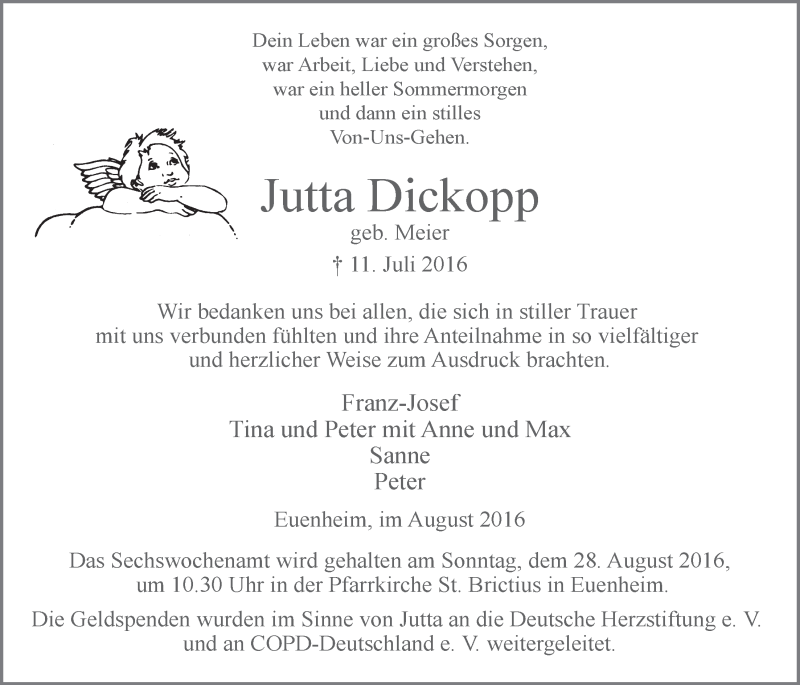 Traueranzeige für Jutta Dickopp vom 20.08.2016 aus  Blickpunkt Euskirchen 