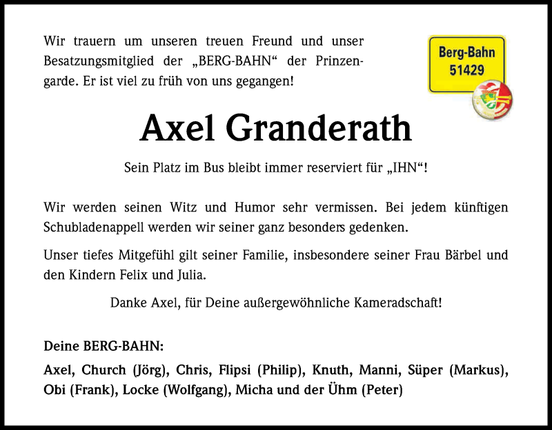  Traueranzeige für Axel Granderath vom 27.08.2016 aus Kölner Stadt-Anzeiger / Kölnische Rundschau / Express