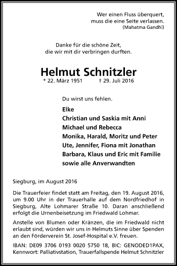 Anzeige von Helmut Schnitzler von Kölner Stadt-Anzeiger / Kölnische Rundschau / Express