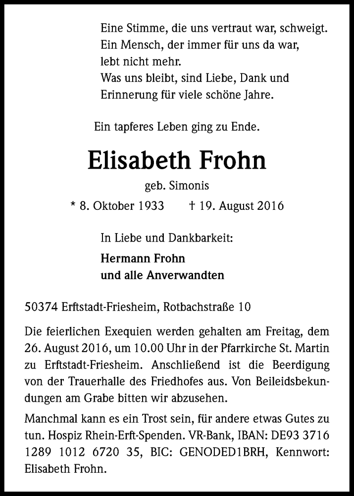  Traueranzeige für Elisabeth Frohn vom 24.08.2016 aus Kölner Stadt-Anzeiger / Kölnische Rundschau / Express