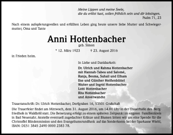 Anzeige von Anni Hottenbacher von Kölner Stadt-Anzeiger / Kölnische Rundschau / Express