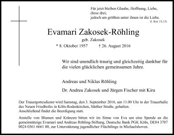 Anzeige von Evamari Zakosek-Röhling von Kölner Stadt-Anzeiger / Kölnische Rundschau / Express