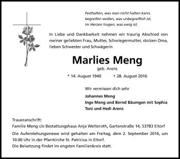 Anzeige von Marlies Meng von Kölner Stadt-Anzeiger / Kölnische Rundschau / Express