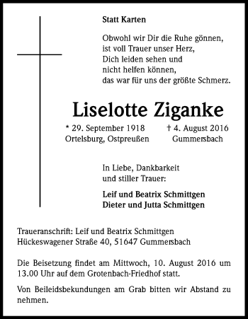 Anzeige von Liselotte Ziganke von Kölner Stadt-Anzeiger / Kölnische Rundschau / Express