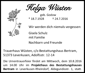 Anzeige von Helga Wüsten von Kölner Stadt-Anzeiger / Kölnische Rundschau / Express
