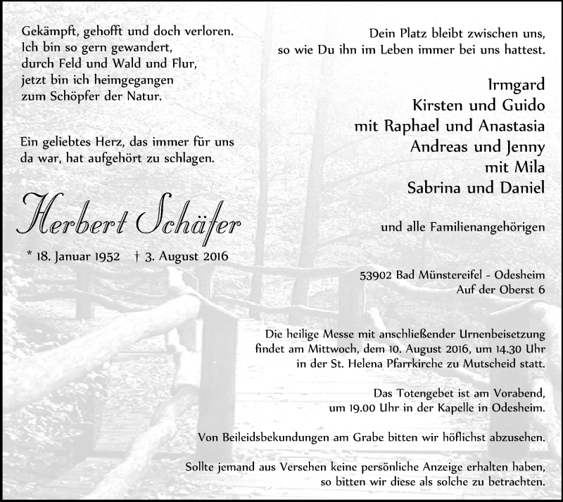  Traueranzeige für Herbert Schäfer vom 06.08.2016 aus  Blickpunkt Euskirchen 