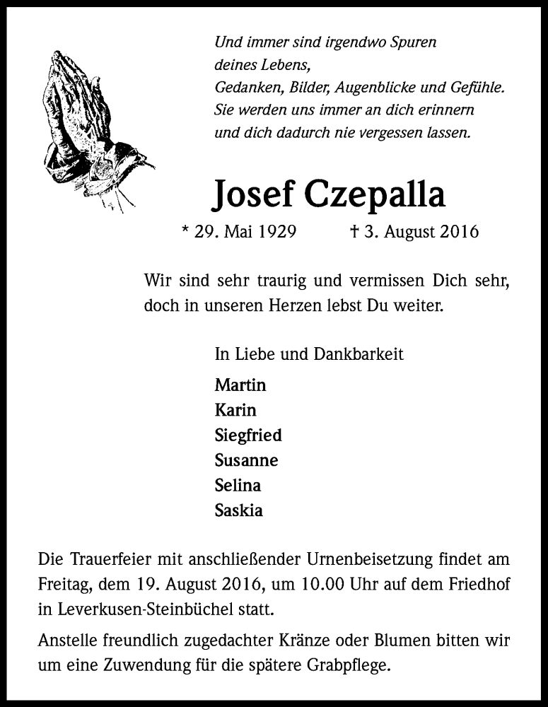  Traueranzeige für Josef Czepalla vom 13.08.2016 aus Kölner Stadt-Anzeiger / Kölnische Rundschau / Express