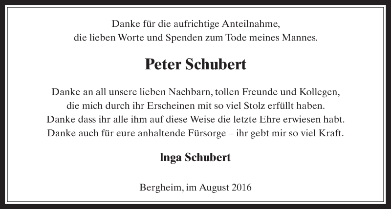  Traueranzeige für Peter Schubert vom 31.08.2016 aus  Werbepost 
