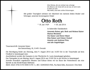 Anzeige von Otto Roth von Kölner Stadt-Anzeiger / Kölnische Rundschau / Express