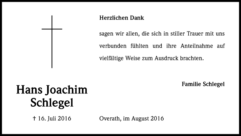  Traueranzeige für Hans Joachim Schlegel vom 20.08.2016 aus Kölner Stadt-Anzeiger / Kölnische Rundschau / Express