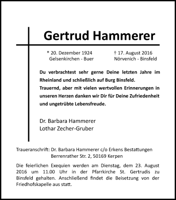 Anzeige von Gertrud Hammerer von Kölner Stadt-Anzeiger / Kölnische Rundschau / Express