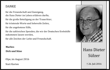 Anzeige von Hans Dieter Sülzer von Kölner Stadt-Anzeiger / Kölnische Rundschau / Express
