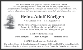 Anzeige von Heinz-Adolf Körfgen von  Werbepost 