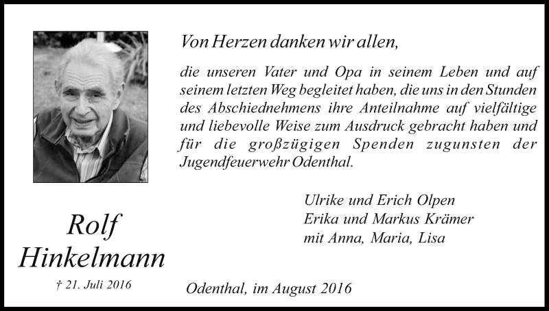  Traueranzeige für Rolf Hinkelmann vom 27.08.2016 aus Kölner Stadt-Anzeiger / Kölnische Rundschau / Express
